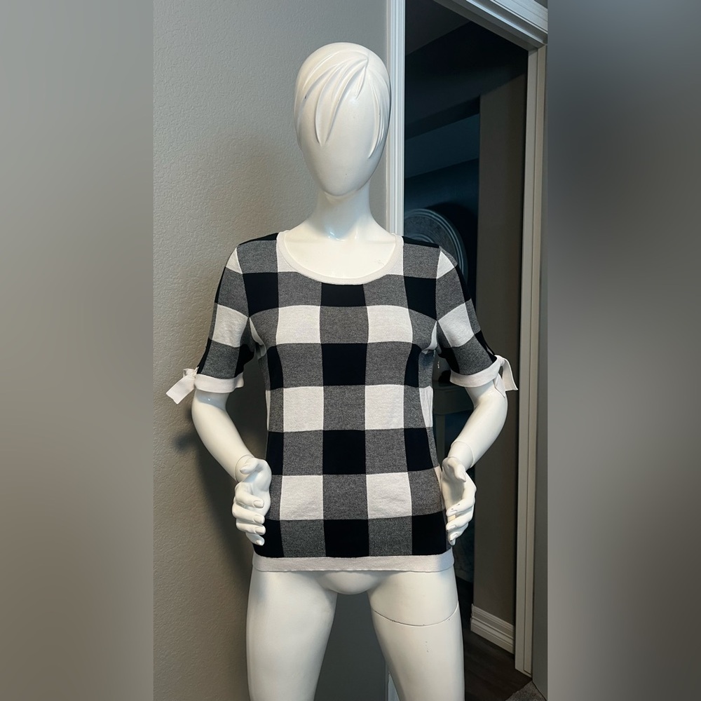 Talbots Tie Sleeve Gingham Sweater size M
